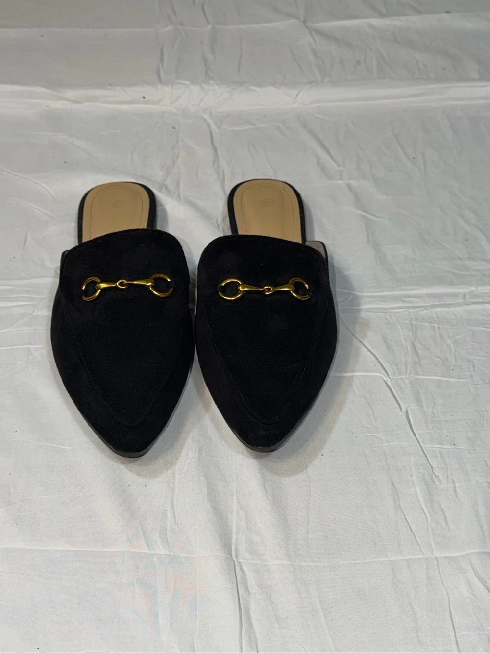 SHEIN Black Suede Pointed Toe Flat Mules Gold Horsebit Buckle Slide Loafers 11 - Picture 2 of 7